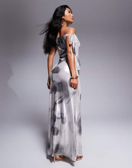 knee length dresses for ladies Glitter Mesh Mermaid Long Dress w/ Detachable Side Waist Drape L / Smoky Blue