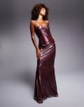 [ASOS DESIGN] ASOS DESIGN shimmer mesh bandeau maxi dress with halter straps and cowl back detail in burgundy-Red S Burgundy