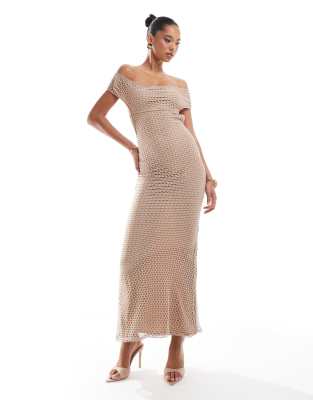 shimmer open knit bardot maxi dress in gold