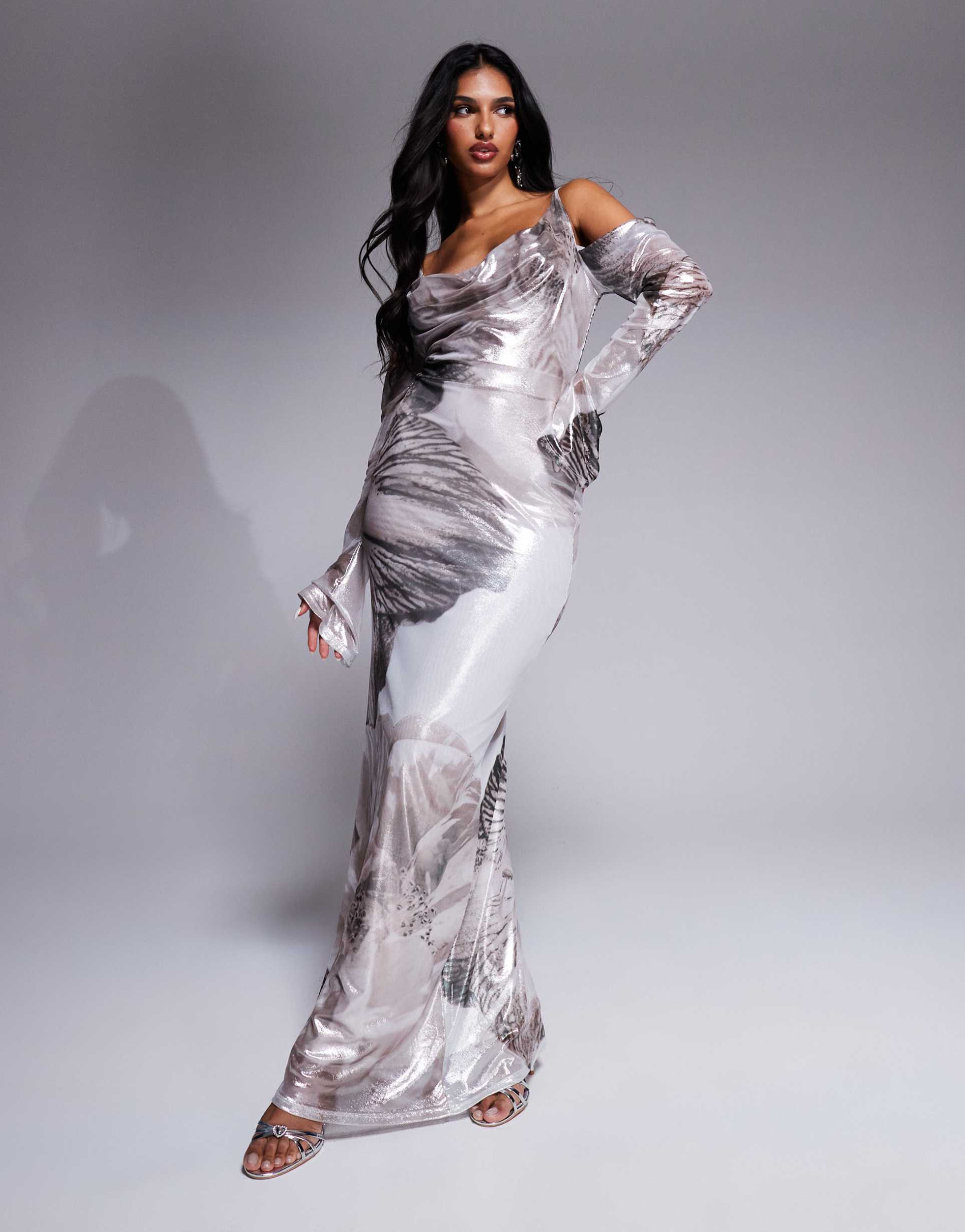 asos design shimmer plunge cowl neck maxi dress with tie detail and long sleeves in neutral floral print