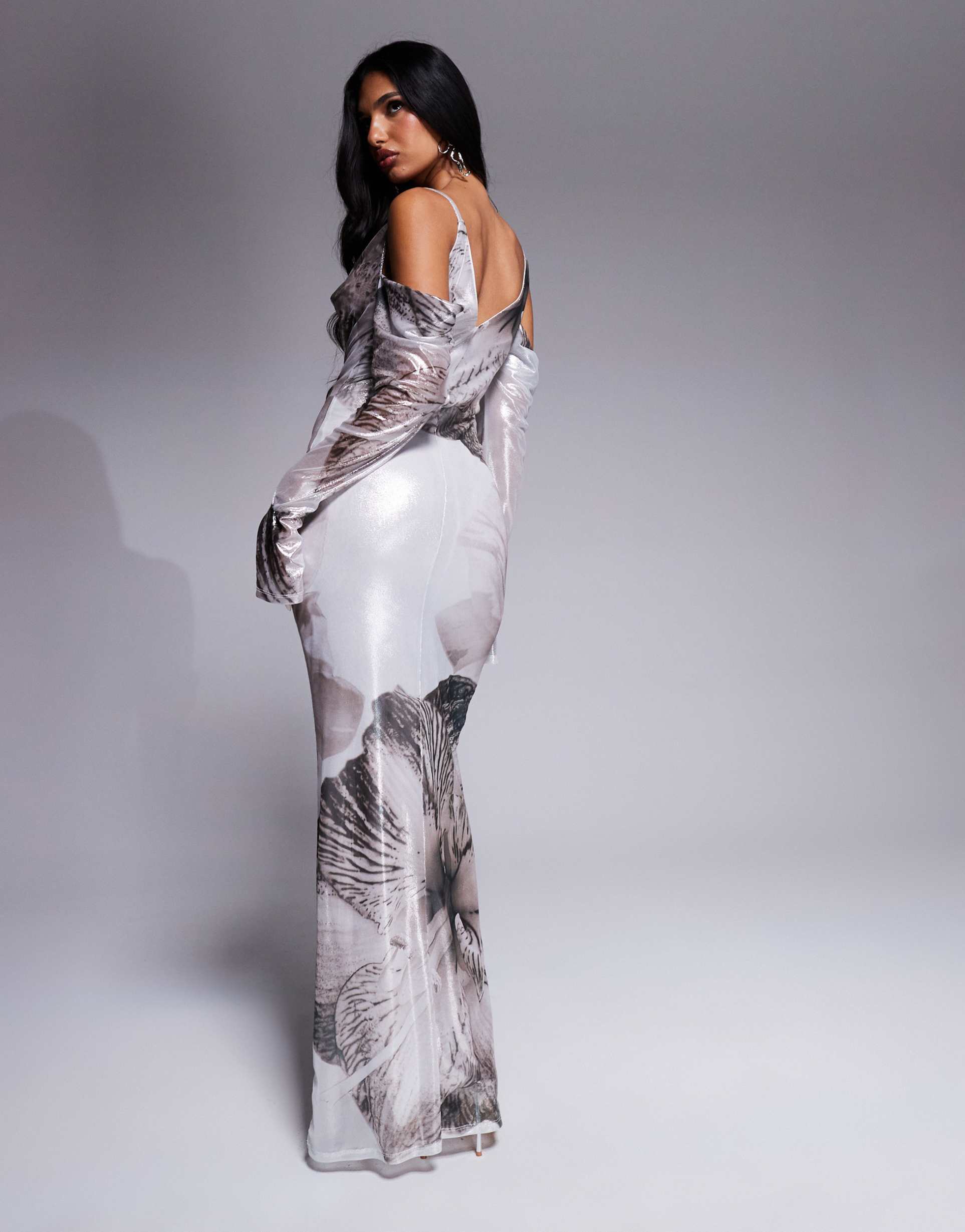 asos design shimmer plunge cowl neck maxi dress with tie detail and long sleeves in neutral floral print