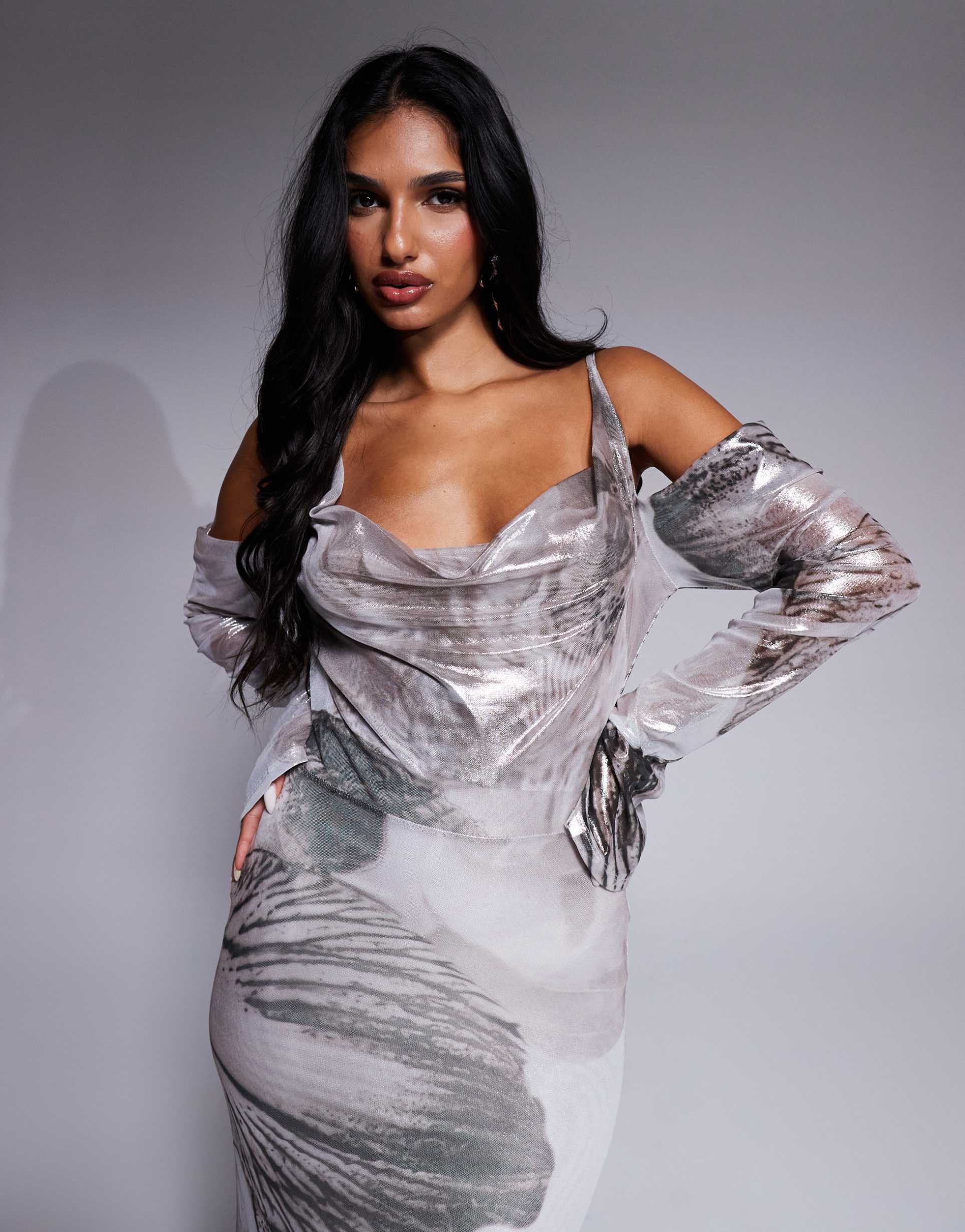 asos design shimmer plunge cowl neck maxi dress with tie detail and long sleeves in neutral floral print