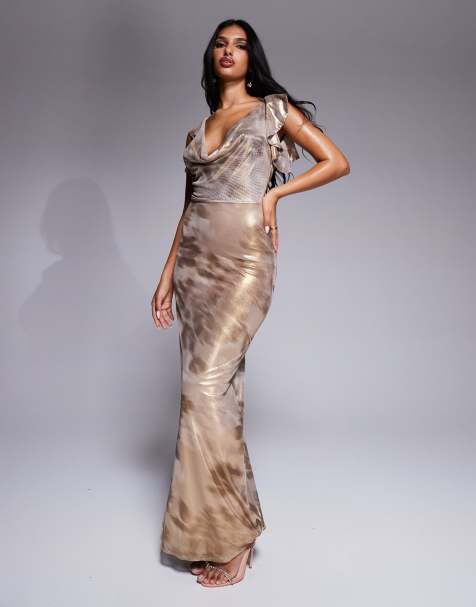 ASOS DESIGN shimmer plunge cowl neck maxi dress with tie detail in neutral floral print - view 1