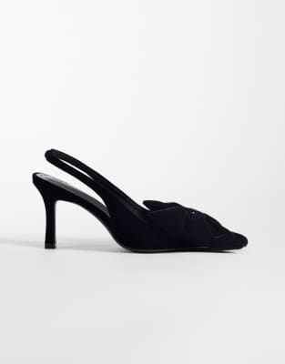 Asos Design Shine Slingback Bow Detail Mid Heeled Shoes In Black