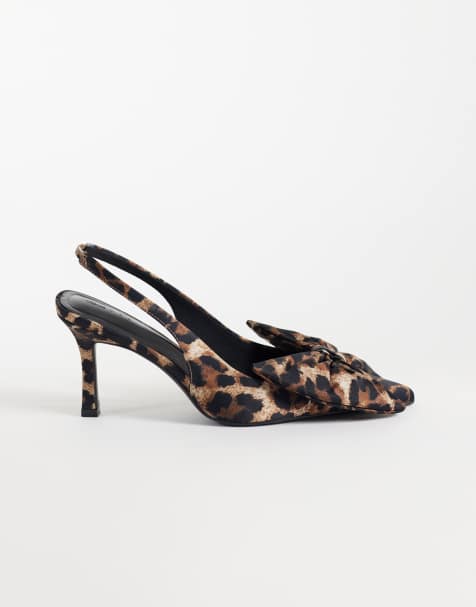 ASOS DESIGN Shine slingback bow detail mid heeled shoes in leopard - view 1