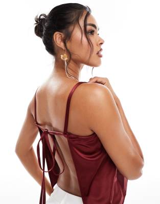 Asos Design Shiny Cami Backless Top In Burgundy-brown