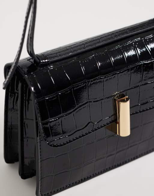 ASOS DESIGN shiny croc crossbody bag in black, 3 of 4