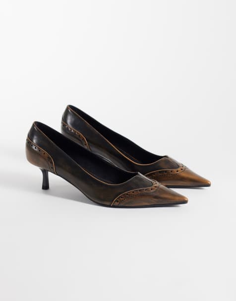 ASOS DESIGN Shirley brogue detailed kitten heeled shoes in brown burnish - view 1