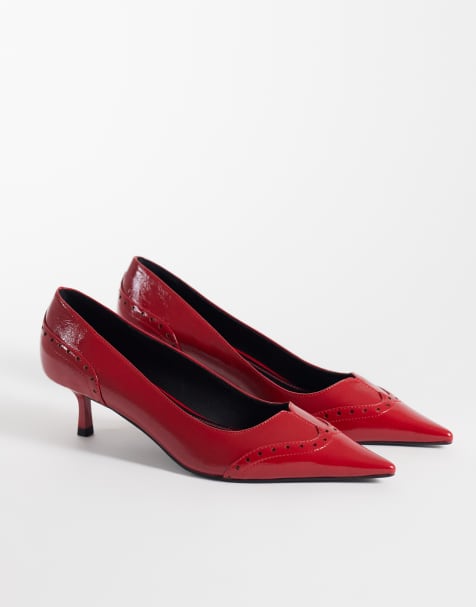 ASOS DESIGN Shirley brogue detailed kitten heeled shoes in red - view 1