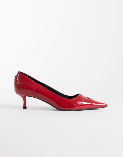 ASOS DESIGN Shirley brogue detailed kitten heeled shoes in red, 3 of 4