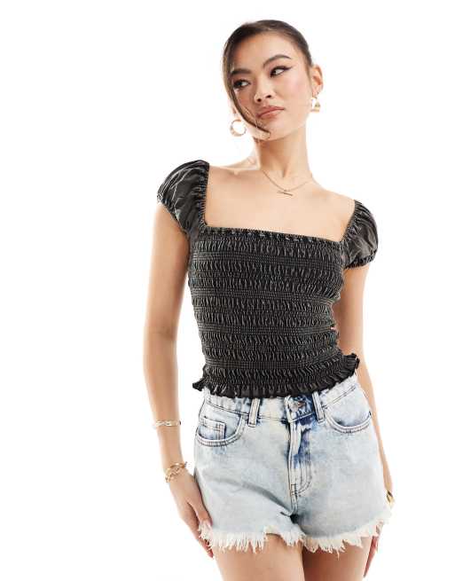 ASOS DESIGN shirred 90s cap sleeve top in acid wash in gray