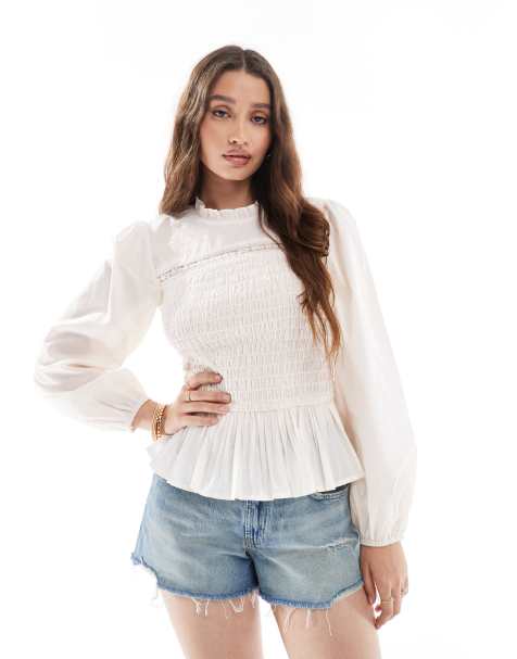 ASOS DESIGN shirred and lace insert detail long sleeve top in cream - view 1