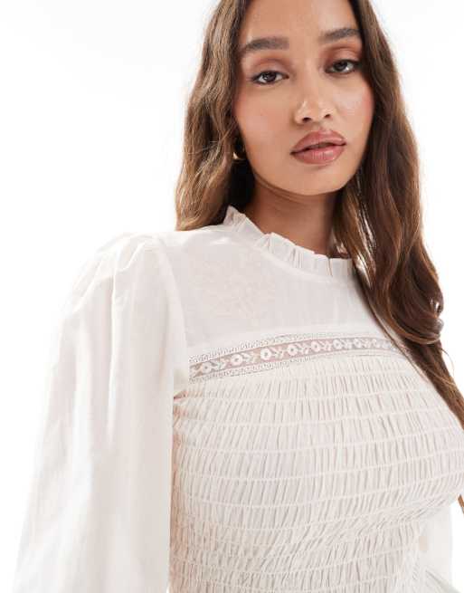 ASOS DESIGN shirred and lace insert detail long sleeve top in cream, 2 of 4
