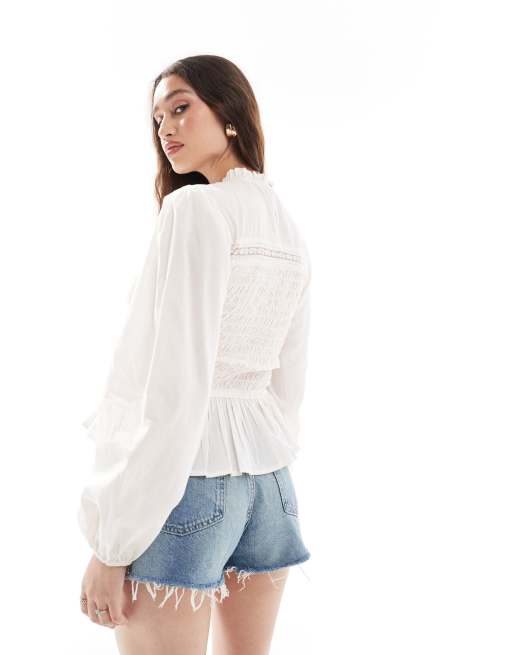ASOS DESIGN shirred and lace insert detail long sleeve top in cream, 4 of 4