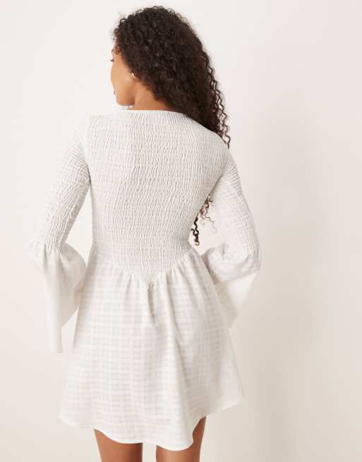 ASOS DESIGN shirred angel sleeve mini dress in white
