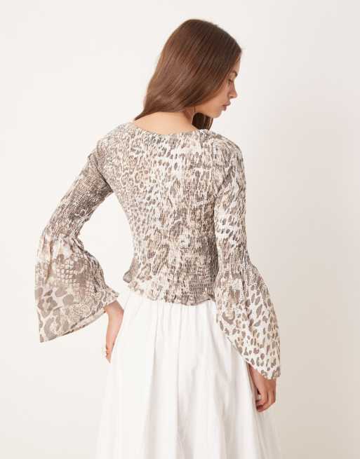 ASOS DESIGN shirred angel sleeve top in animal print