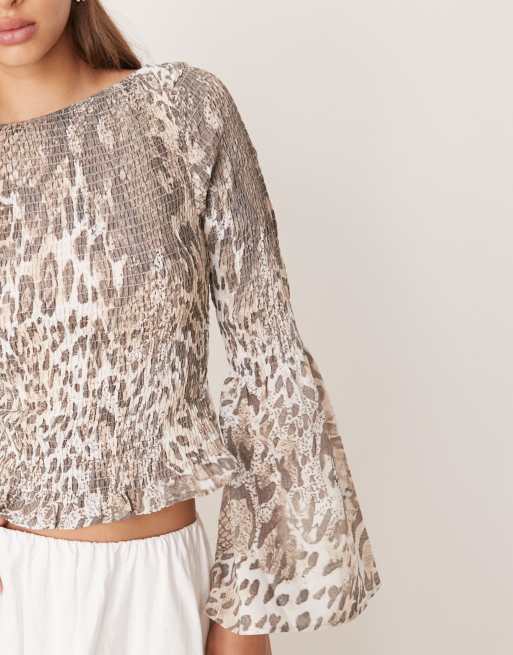 ASOS DESIGN shirred angel sleeve top in animal print