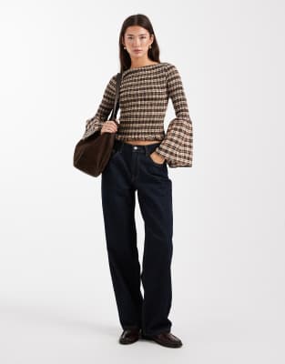 Asos Design Shirred Angel Sleeve Top In Brown