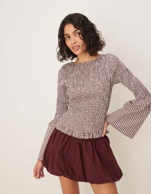 Asos Design Shirred Angel Sleeve Top In Brown