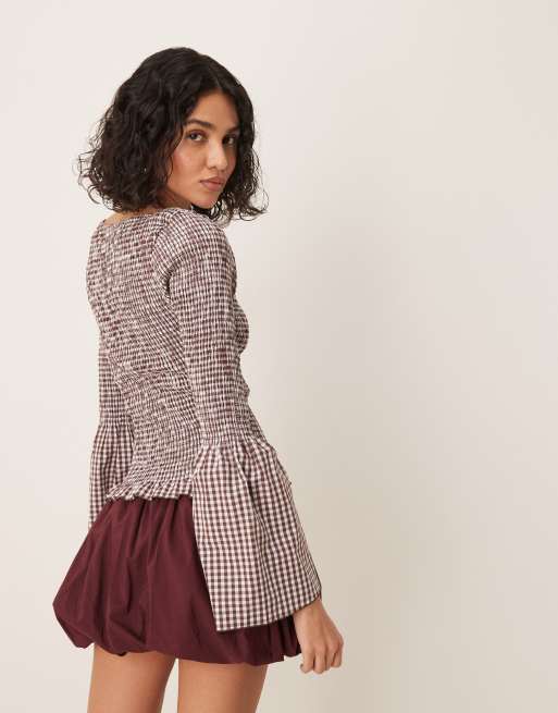 ASOS DESIGN shirred angel sleeve top in brown gingham