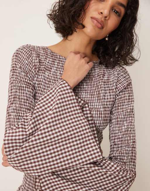 ASOS DESIGN shirred angel sleeve top in brown gingham