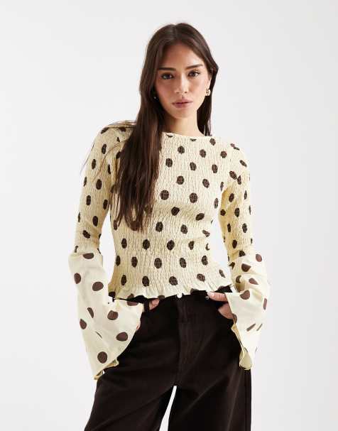 ASOS DESIGN shirred angel sleeve top in buttermilk polka dots - view 1