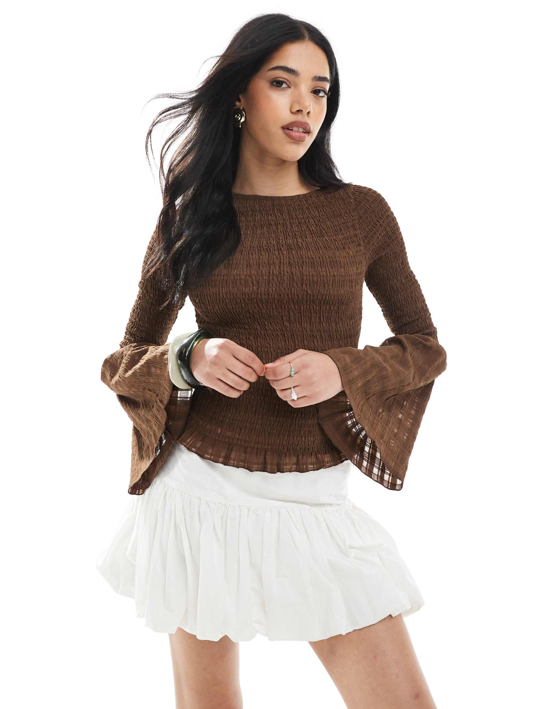 asos design shirred angel sleeve top in chocolate