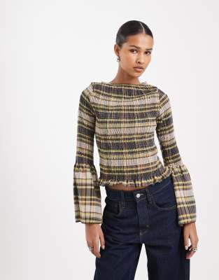 ASOS DESIGN shirred angel sleeve top in dark based check | ASOS