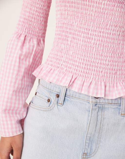 ASOS DESIGN shirred angel sleeve top in pink gingham