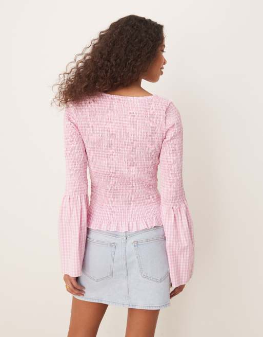 ASOS DESIGN shirred angel sleeve top in pink gingham