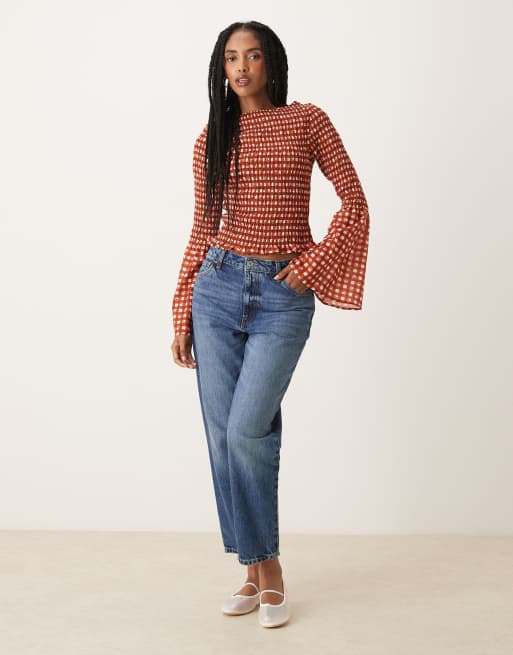 ASOS DESIGN shirred angel sleeve top in red gingham