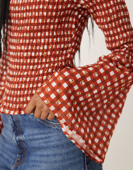 ASOS DESIGN shirred angel sleeve top in red gingham