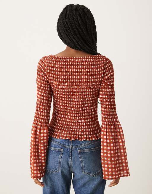 ASOS DESIGN shirred angel sleeve top in red gingham