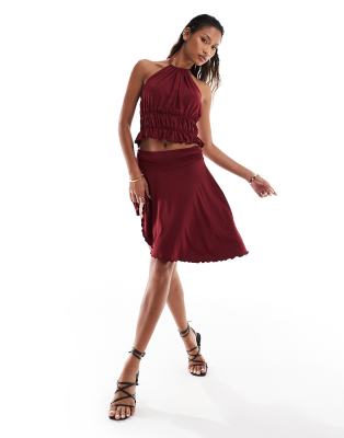 ASOS DESIGN shirred asymmetric skirt co-ord in wine