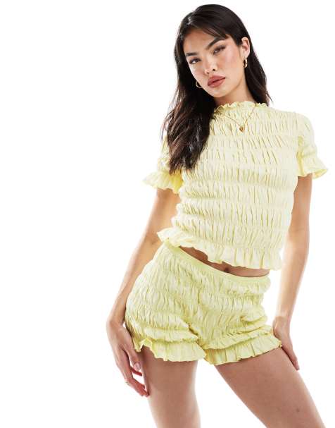 ASOS DESIGN shirred baby tee co ord in lemon - view 1