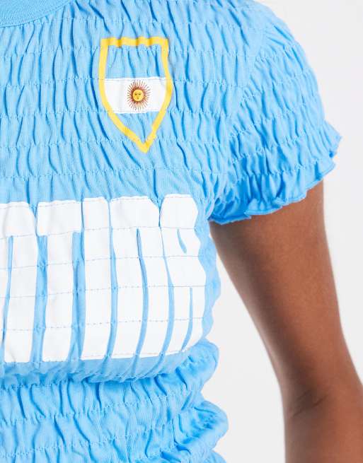 ASOS DESIGN shirred baby tee with Argentina soccer graphic in blue, 3 of 4