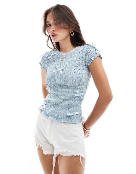 ASOS DESIGN shirred baby tee with bows in baby blue - view 1