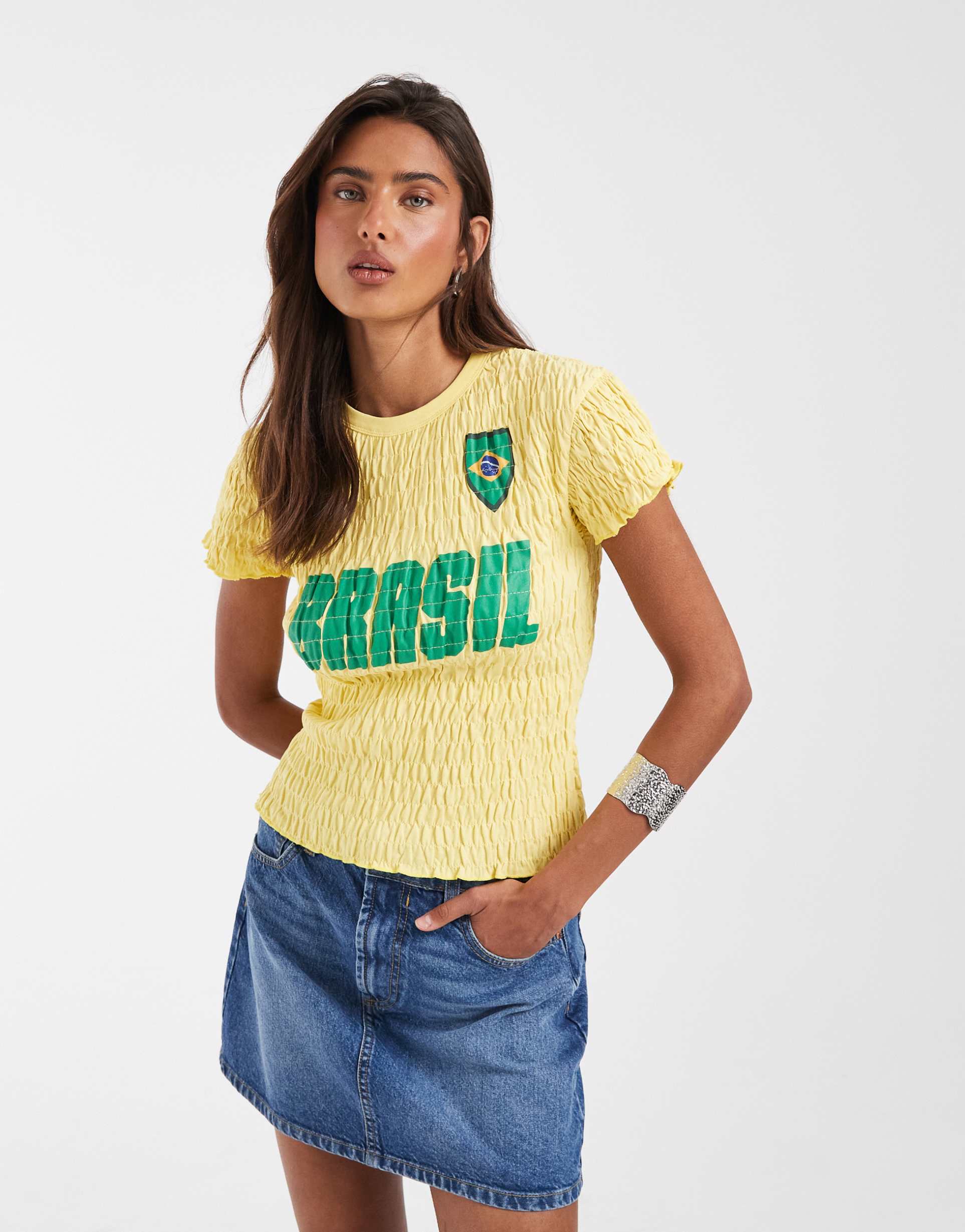 asos design shirred baby tee with brasil soccer graphic in yellow