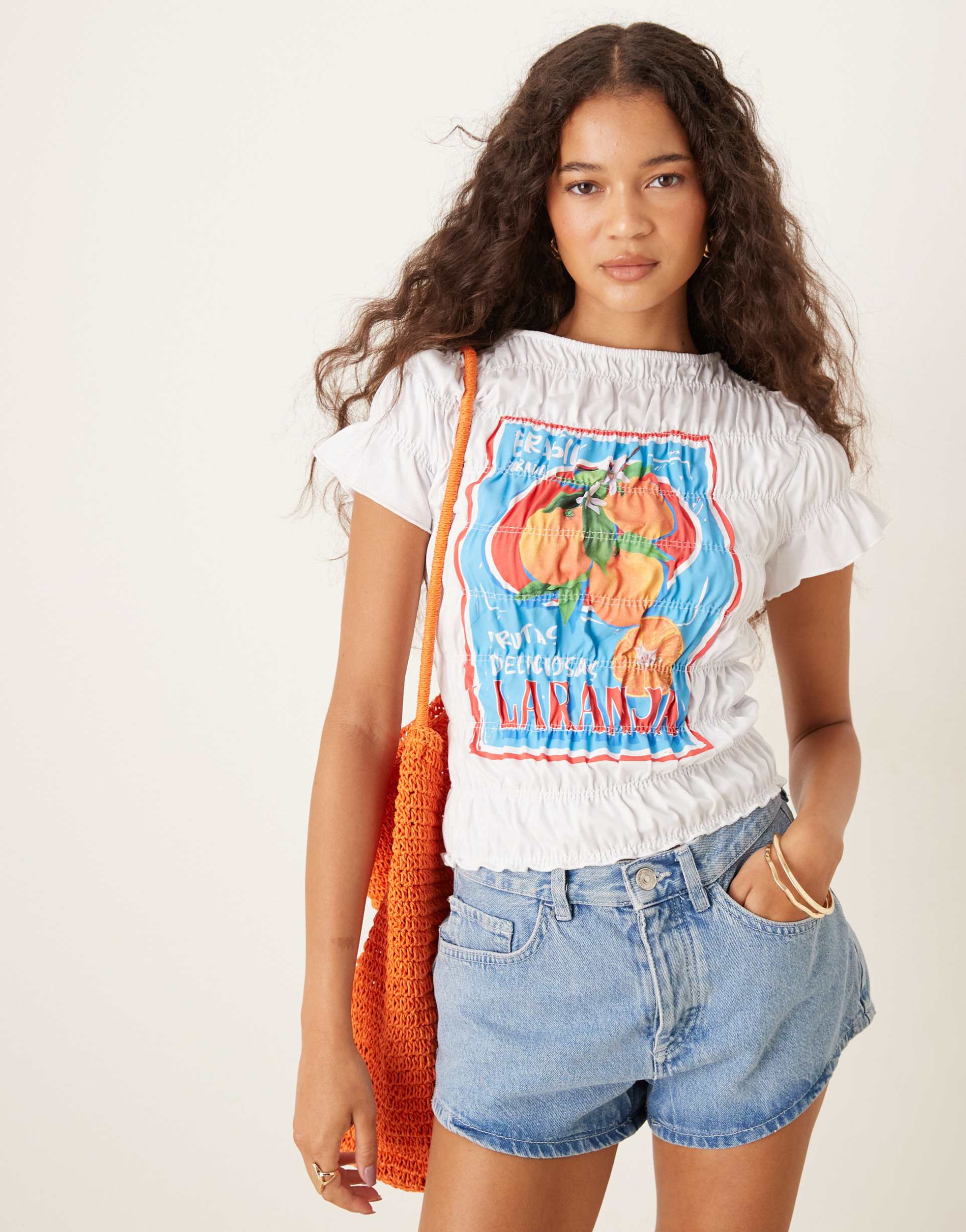 asos design shirred baby tee with brazil lemons in white