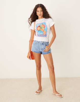 Asos Design Shirred Baby Tee With Brazil Lemons In White