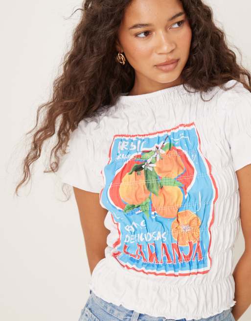 ASOS DESIGN shirred baby tee with brazil lemons in white