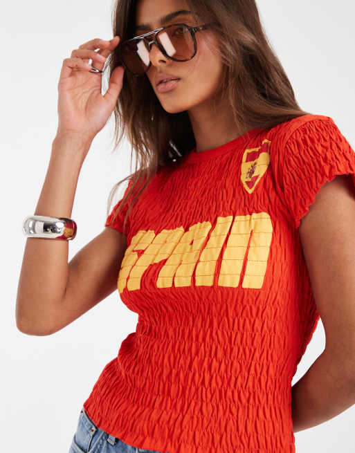 ASOS DESIGN shirred baby tee with Spain football graphic in red, 2 of 4