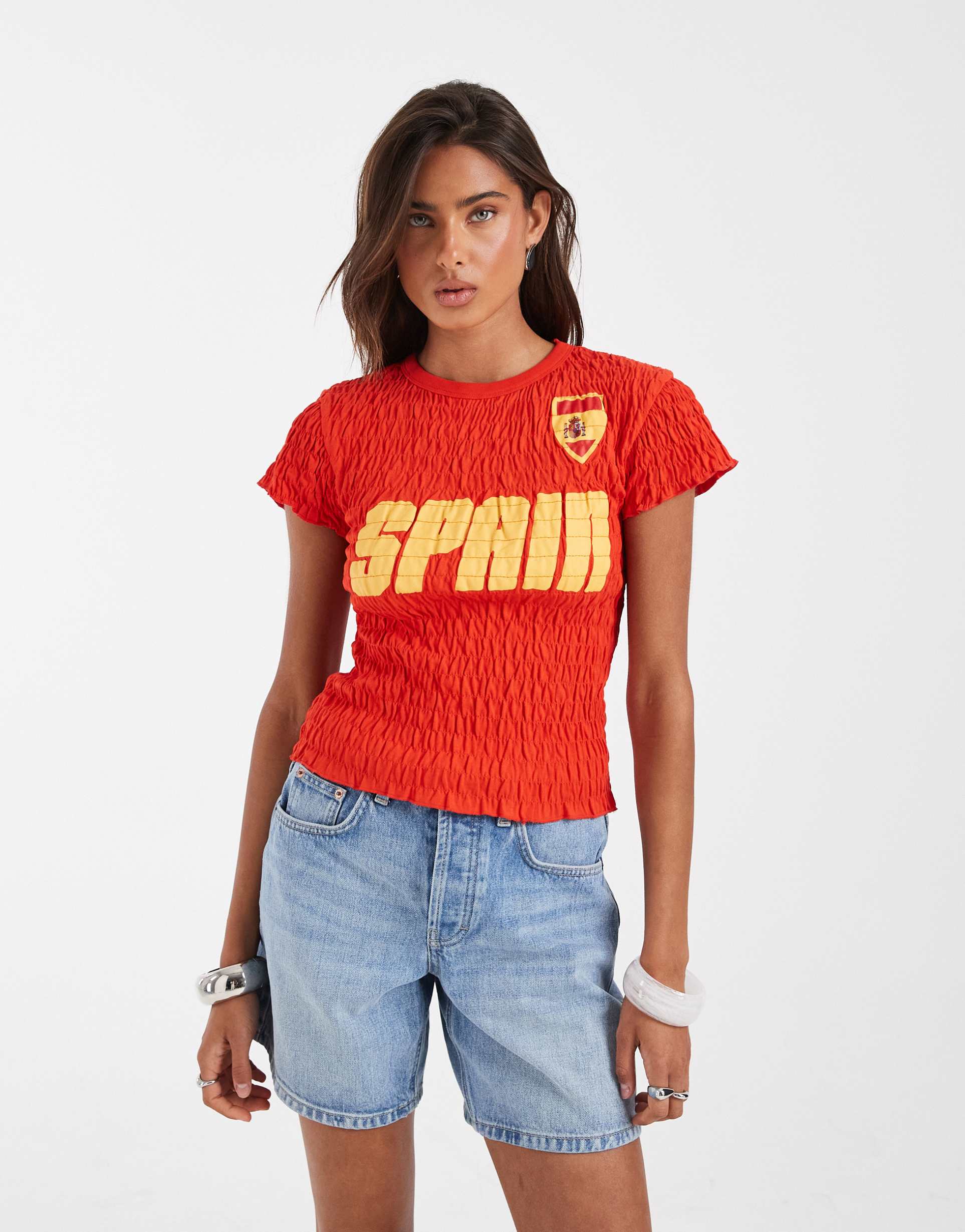 asos design shirred baby tee with spain soccer graphic in red