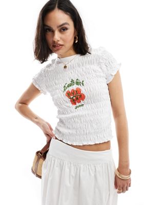 ASOS DESIGN shirred baby tee with tomato girl graphic in white