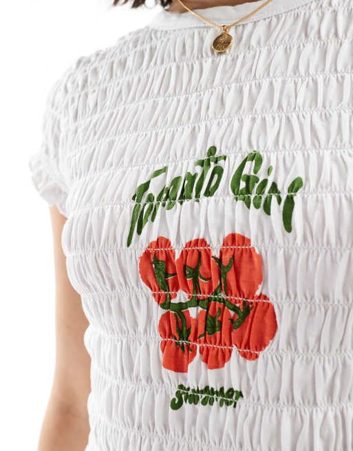 ASOS DESIGN shirred baby tee with tomato girl graphic in white ASOS
