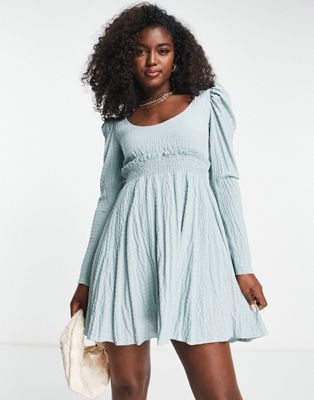 ASOS DESIGN shirred babydoll dress in texture in dusty blue - ASOS Price Checker