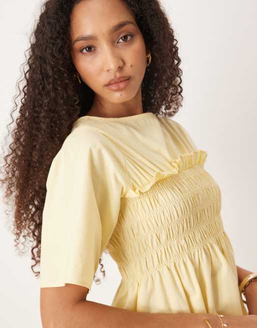ASOS DESIGN shirred babydoll trapeze mini dress in buttermilk