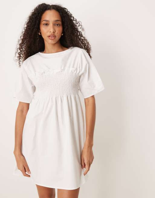 ASOS DESIGN shirred babydoll trapeze mini dress in white, 2 of 4