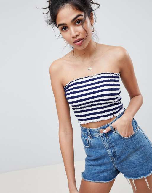 Asos Design Shirred Bandeau Crop Top In Stripe Print Asos