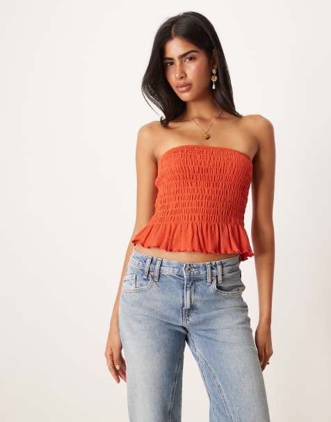 ASOS DESIGN shirred bandeau top in red - view 1